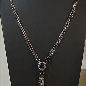 Gunmetal Grey Rose Leaves Tassel Chain Necklace 26” by Vera Wang.